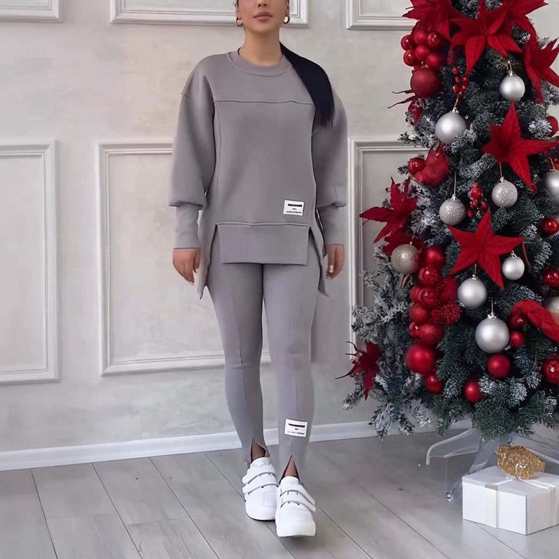 Women’s Solid Color Two Piece Set With Slit Hem Top