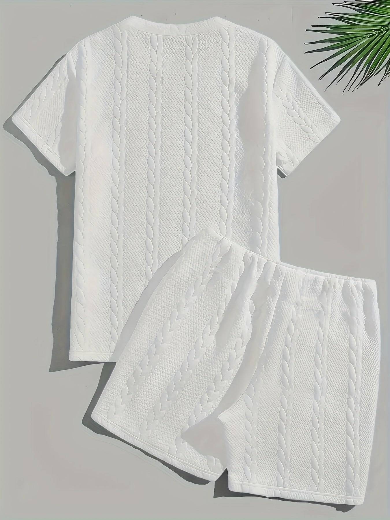 Men's Summer Two-Piece Set, Solid Color Jacquard T-Shirt with Round Neck and Matching Sports Shorts, Casual Outfit for Daily Wear