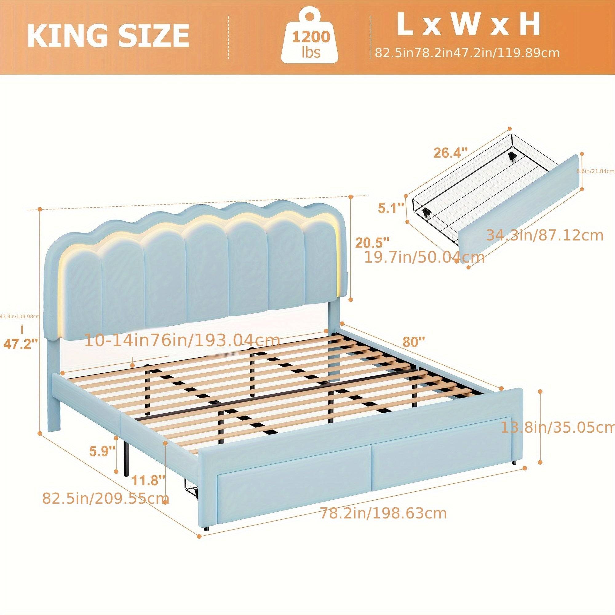 King Size Upholstered Platform Bed with Storage Drawers, Adjustable Headboard, Hardwood Frame, Modern Light Blue Design