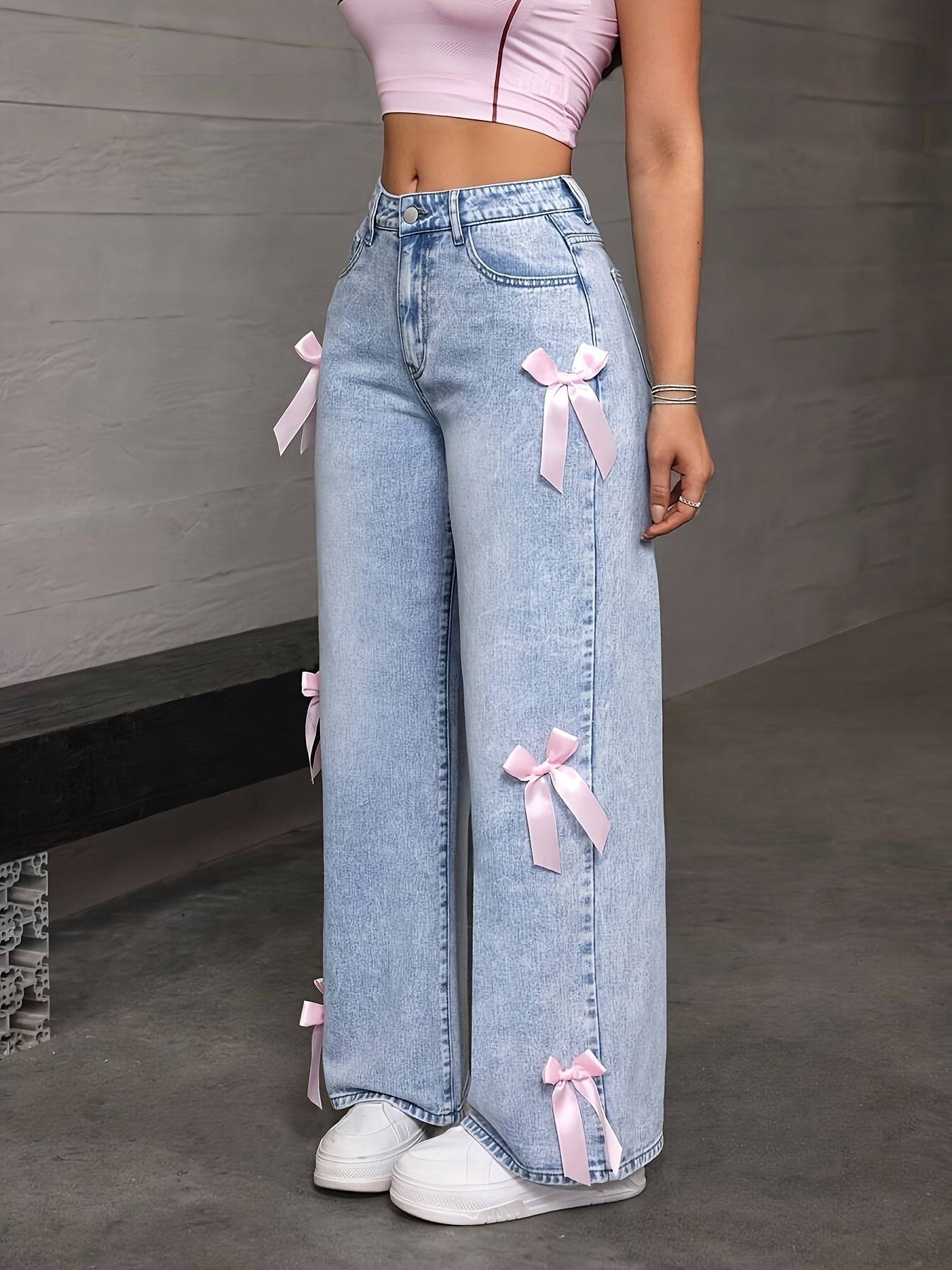 Women’s Washed Jeans Loose Wide-Leg Denim with Bow Patchwork Sweet Street Style for Valentine’s Day