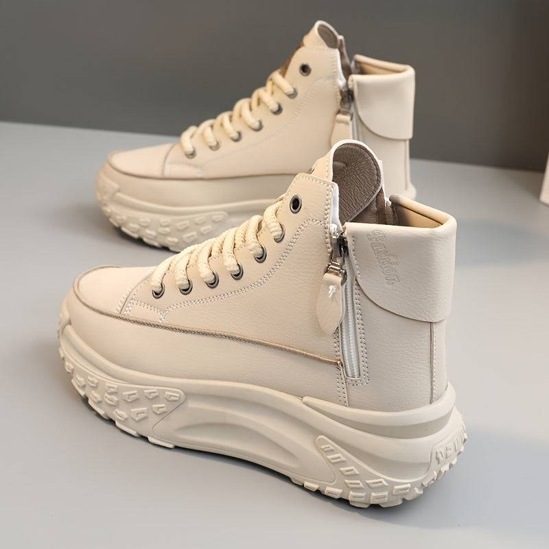Women’s High-Top Color-Block Sports Shoes – Synthetic Leather Upper, Thick PVC Sole with Lace-Up & Buckle Straps for Outdoor Casual Wear