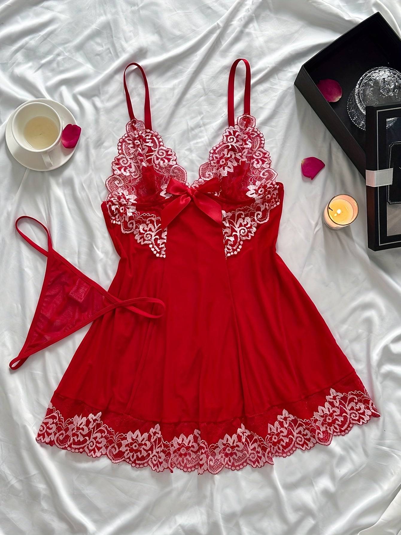 Women's Red Lace Robe Set – 2-Piece Elegant Sleepwear with Matching Lingerie
