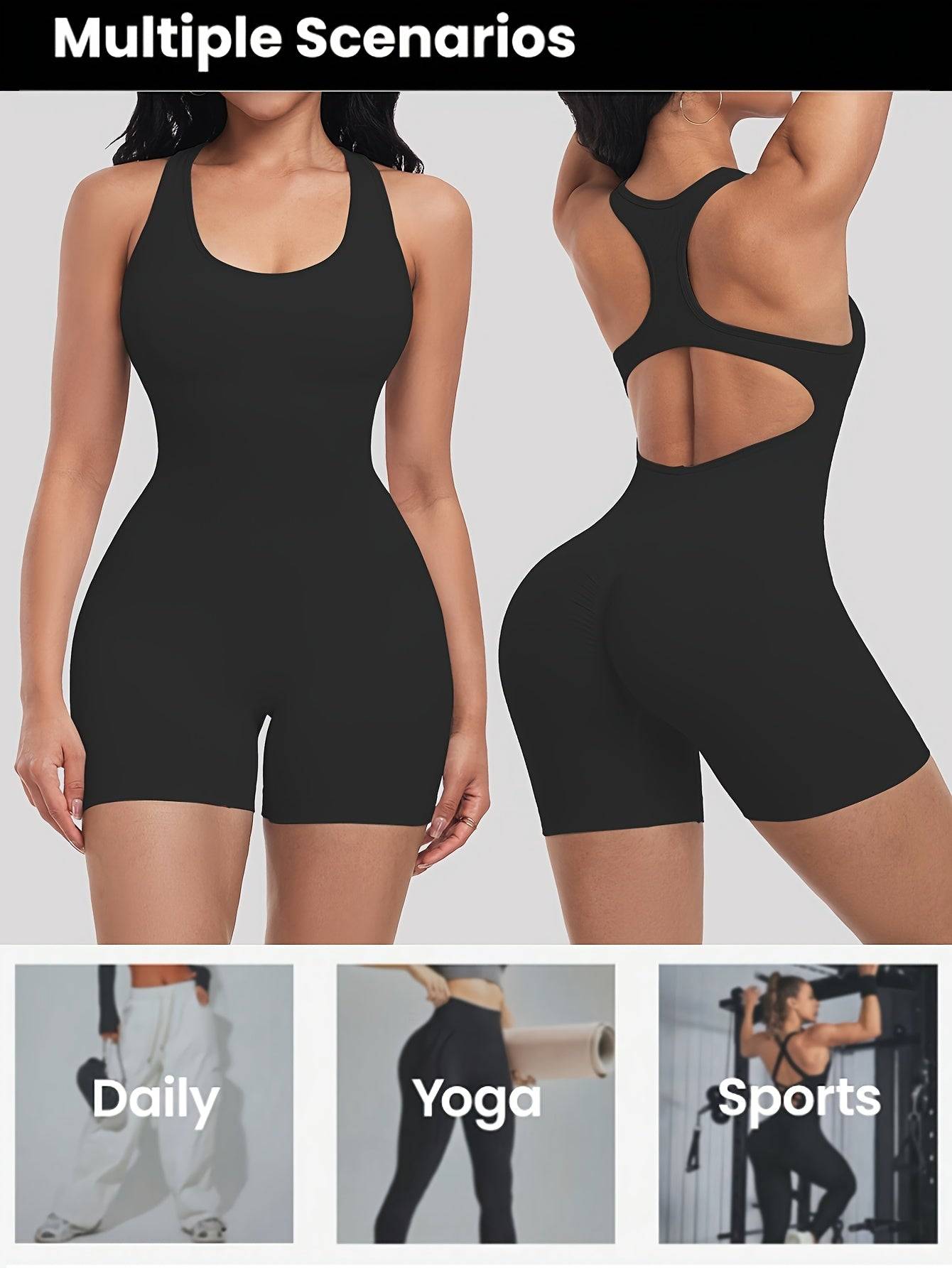 Women’s One-Piece Compression Romper – Sleeveless Backless Jumpsuit with Padded Bust & Ruched Back, Medium-Stretch Fabric for Beachwear & Casual Wear