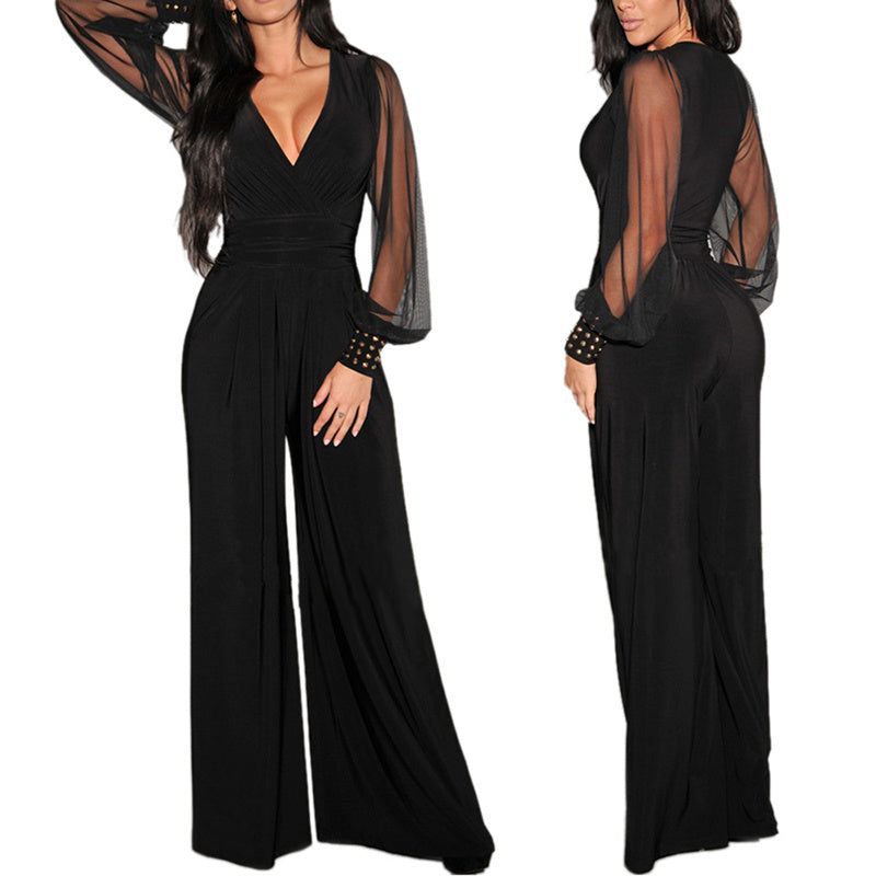 Mesh V Neck Jumpsuit with Wide Leg Silhouette