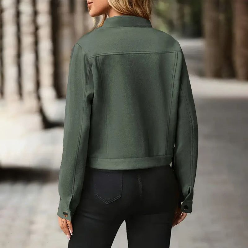 Womens Faux Suede Cropped Jacket with Stand Collar