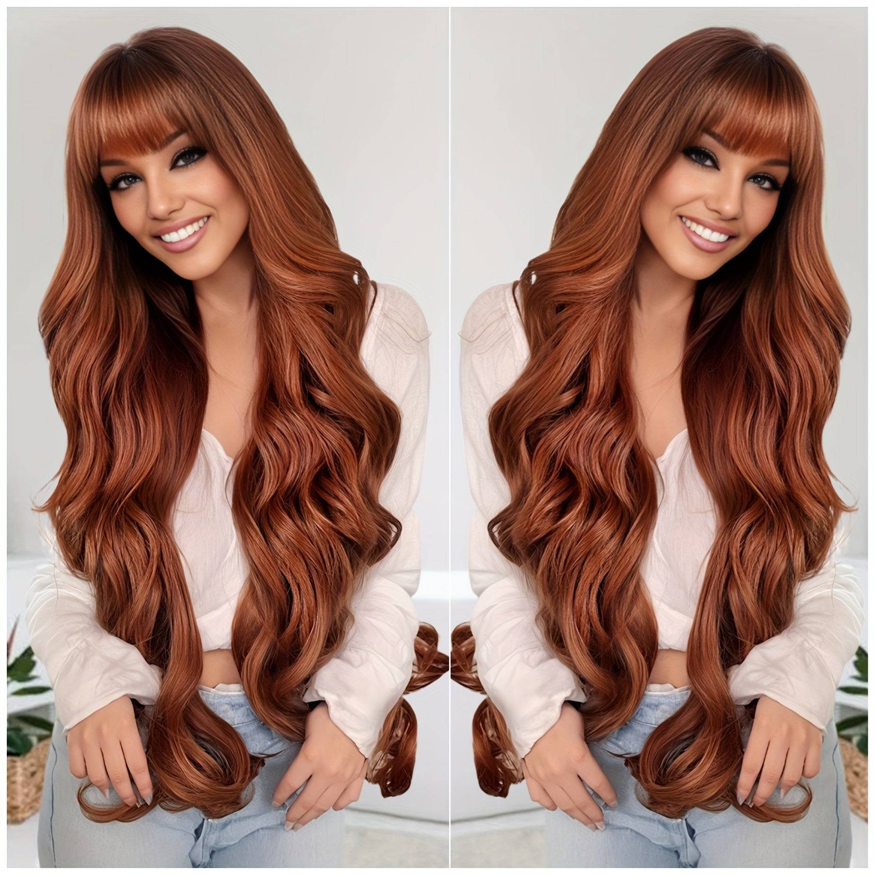 Synthetic Wig for Women Heat-Resistant Long Beach Waves with Blunt Bangs Voluminous Curly Hairpiece with Adjustable Cap for Weddings, Parties & Daily Wear