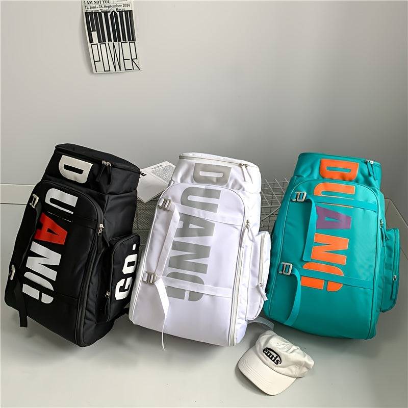 Three large travel backpacks in black, white, and teal with DUANI branding, designed with durable fabric and multiple compartments.