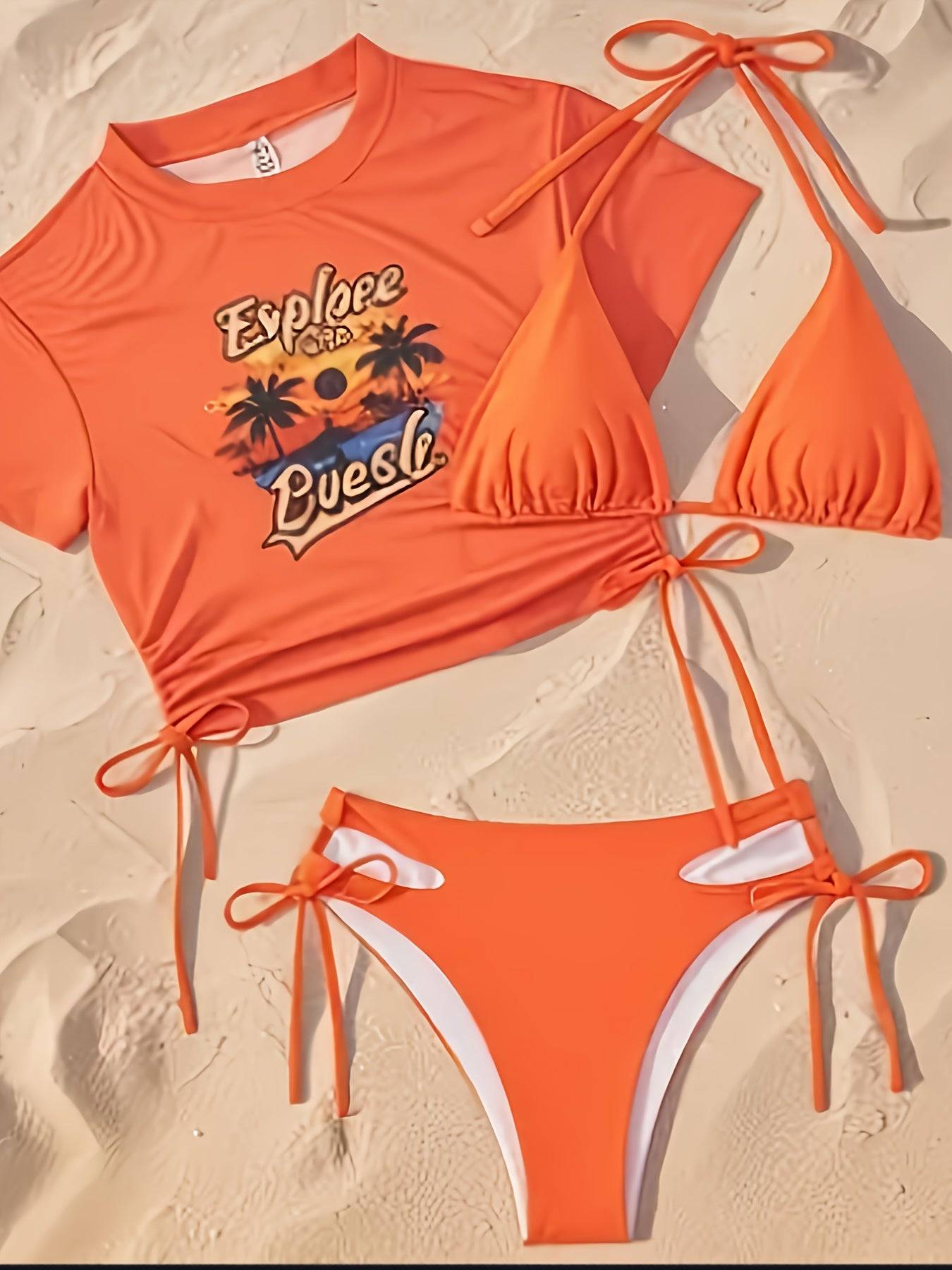 Women’s 3-Piece Bikini Set Halter Triangle Top with Tie Side Bottoms & Cover-Up Coconut Tree Print
