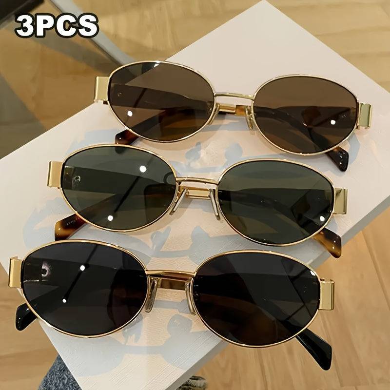 3pcs Metallic Oval Fashion Glasses with Brown Gradient Lenses, Stylish Eyewear Accessory Set