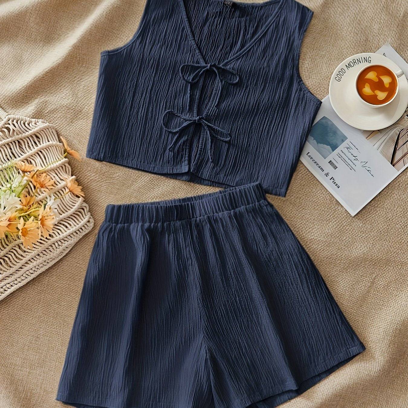 Women’s Casual Two-Piece Set with V-Neck Sleeveless Top & Shorts, Breathable Solid Color Outfit for Elegant Spring & Summer Style