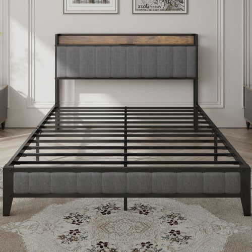Queen Bed Frame with Charging Station and Upholstery