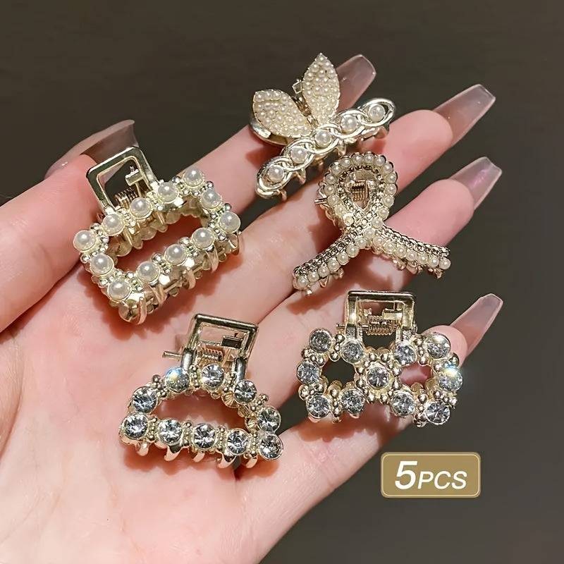 Women's 5-Piece Boho Hair Claw Clip Set, Small Alloy Clips with Faux Pearls and Rhinestones, Non-Slip Strong Grip for Daily Wear and Parties
