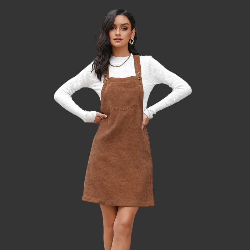 Women’s Retro Corduroy Strap Dress A-Line Pinafore Style Sleeveless Casual Outfit for Autumn and Winter