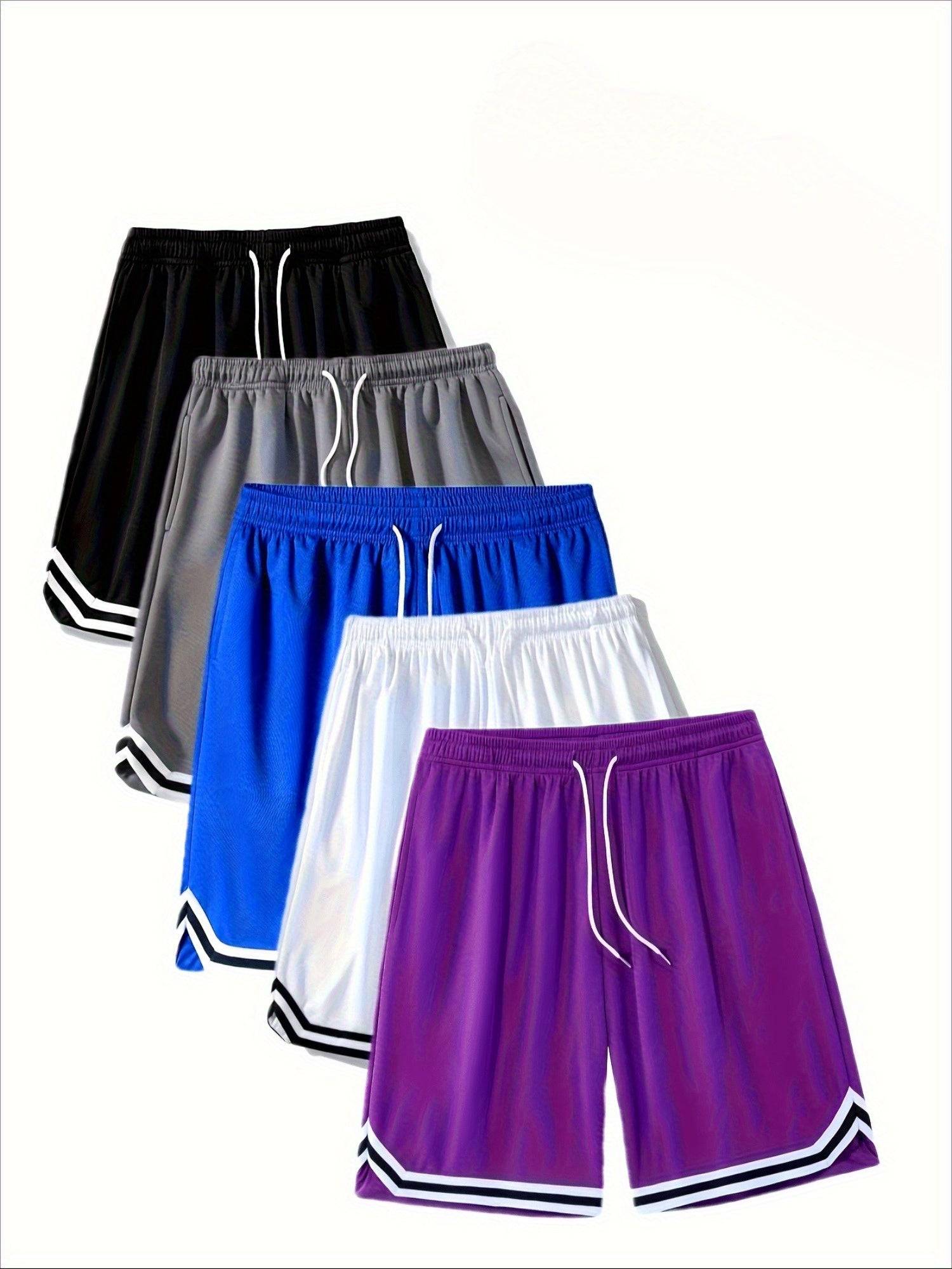 5 Pairs Men’s Sports Shorts Stretch Polyester with Elastic Drawstring Waist Loose Fit Solid Colors with Pockets for Gym, Running & Casual Wear