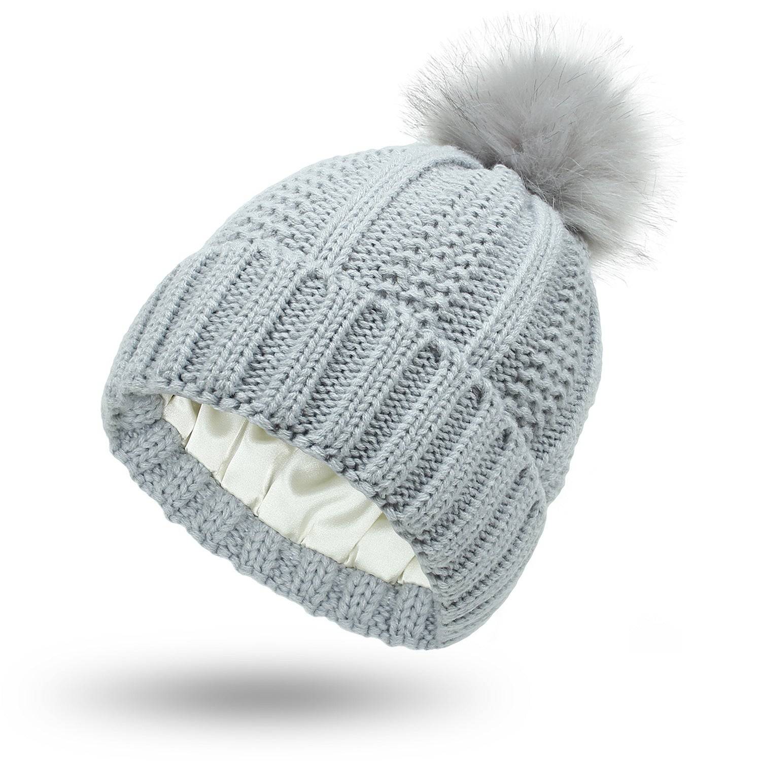 Womens Winter Hat Satin Lined Knit Beanie with Fur Pom