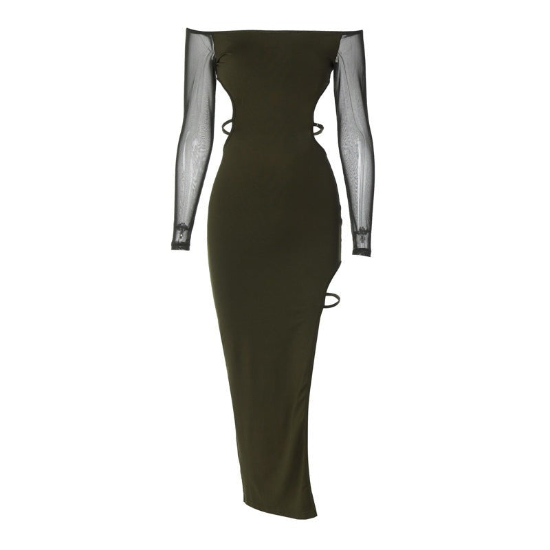 Women’s Off-Shoulder Backless Dress Long Sleeve High Waist Solid Color Mid-Length Slim Fit Skirt