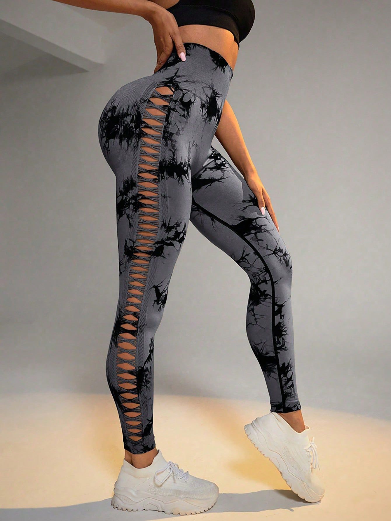 Women’s Tie-Dye High Waist Fitness Leggings Cut-Out Side Hollow Seamless Sports Tights with Hip Lift Design