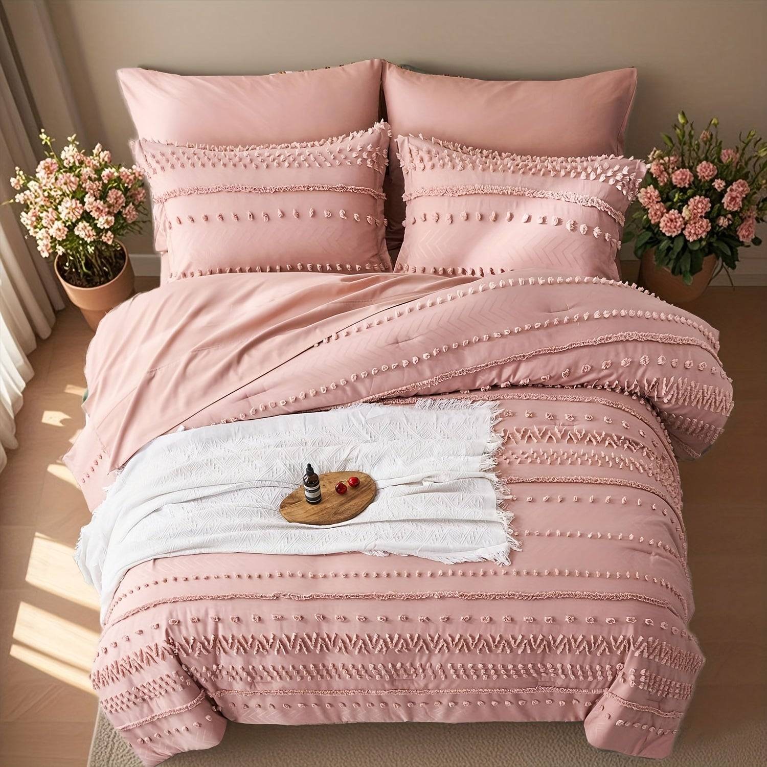 7-Piece Solid Color Tufted Comforter Set, Soft Microfiber and Polyester Bedding, Machine Washable, All-Season Use