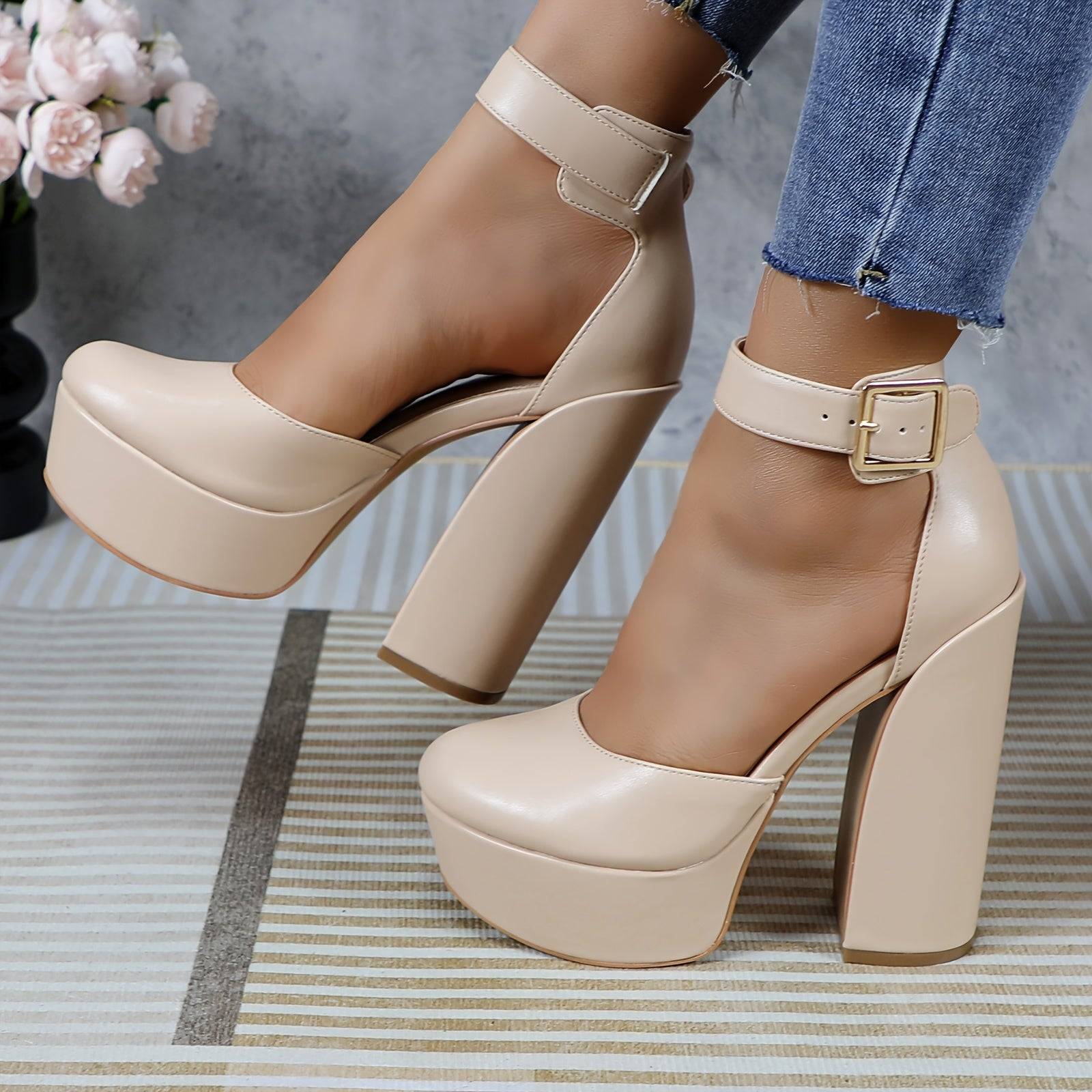 Women's Pink Platform Mary Jane Pumps, Chunky Block Heel with Adjustable Strap, Closed Toe PU High Heels for Parties and Weddings