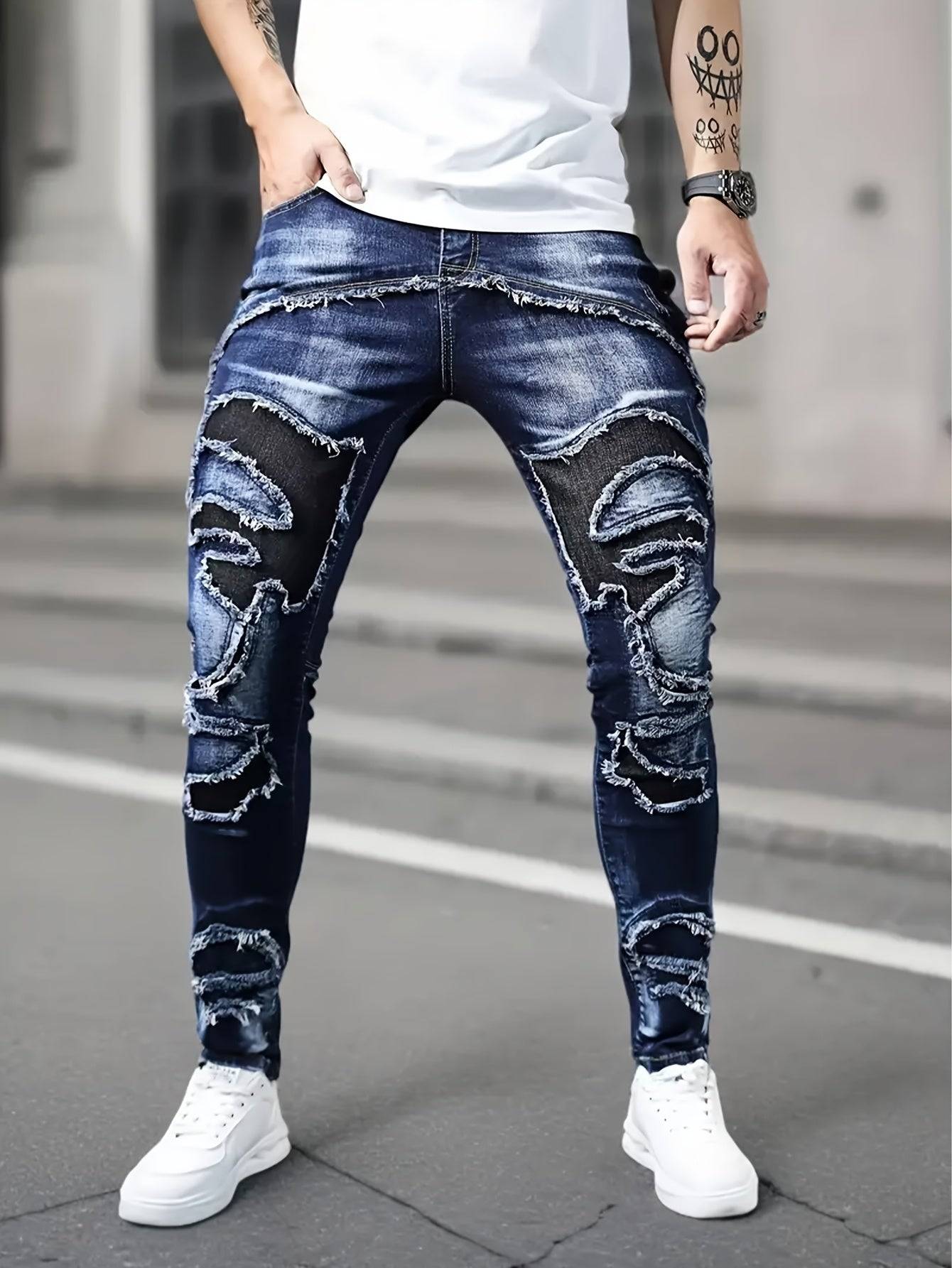Men’s Slim Fit Jeans Blue Splicing Design Stretch Denim Versatile High Street Style for All-Season Wear