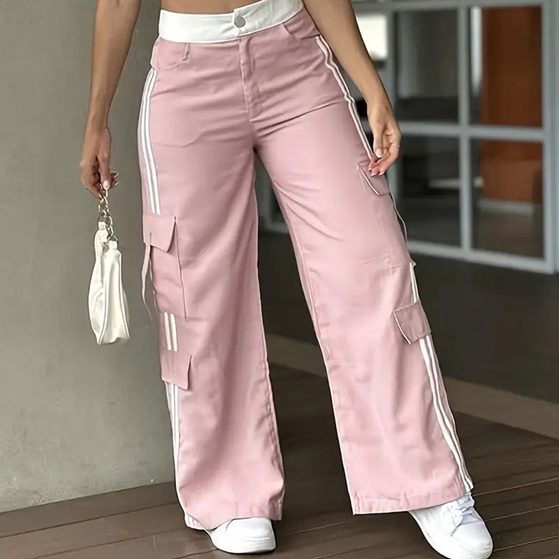 Striped Straight Leg Pants with Button Zip Closure