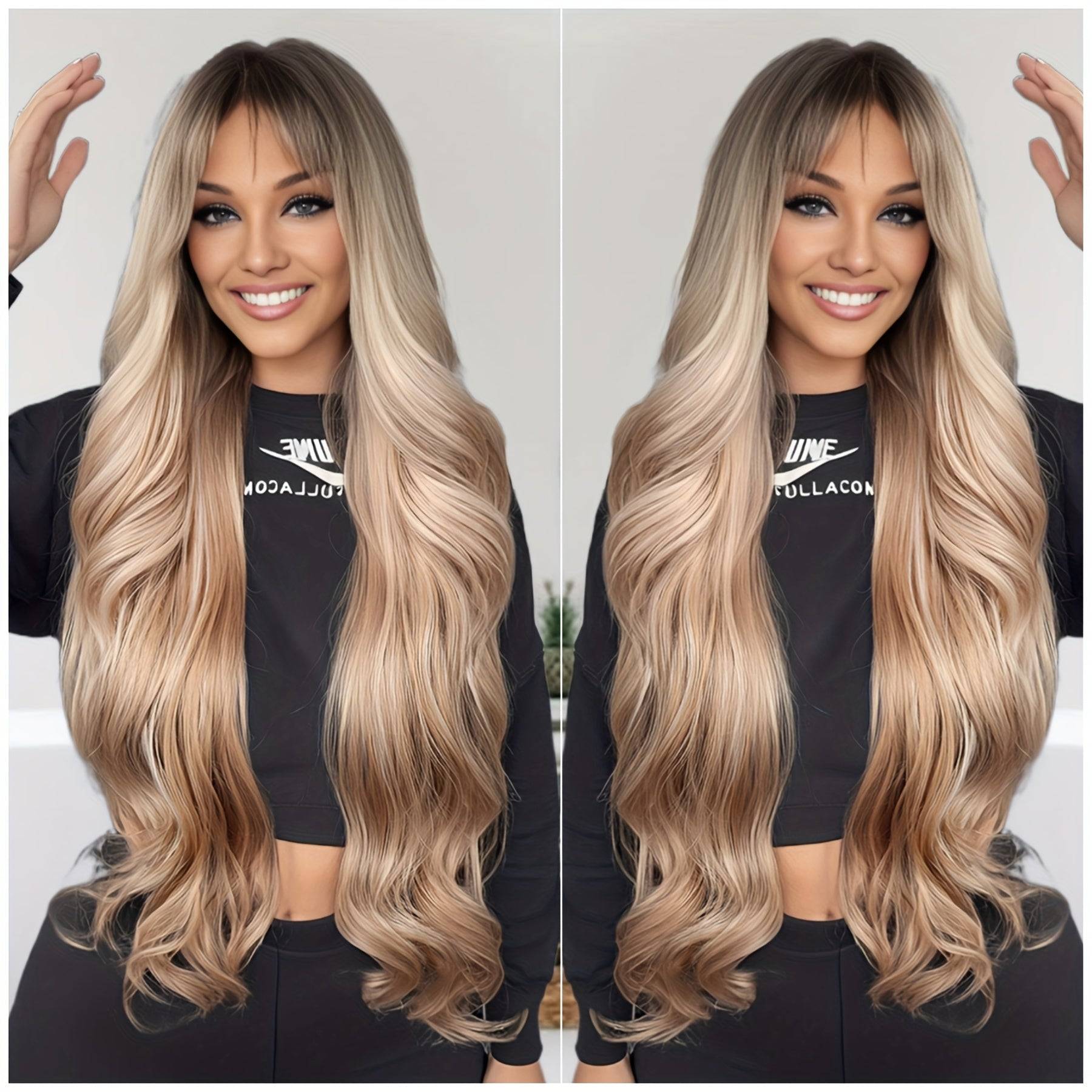 Synthetic Wig for Women Heat-Resistant Long Beach Waves with Blunt Bangs Voluminous Curly Hairpiece with Adjustable Cap for Weddings, Parties & Daily Wear