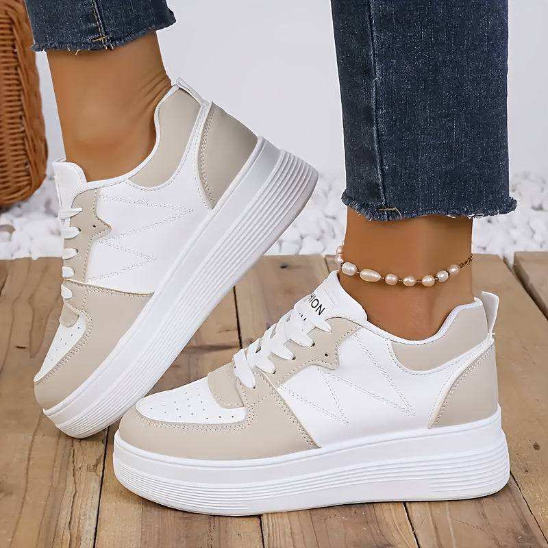 Women’s Platform Sneakers, Casual Lace-Up Low-Top Shoes with Breathable Mesh, PU Upper & EVA Insole, White/Beige
