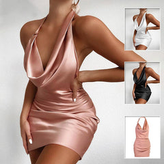 Satin Party Dress V Neck Backless Mini Sleeveless Summer Party Dress - PMMNAPOLES