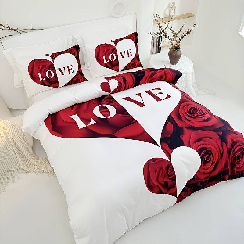 3-Piece Red & White Love Heart Duvet Cover Set – Romantic Digital Print Bedding for Bedroom Decor & Mother’s Day Gift