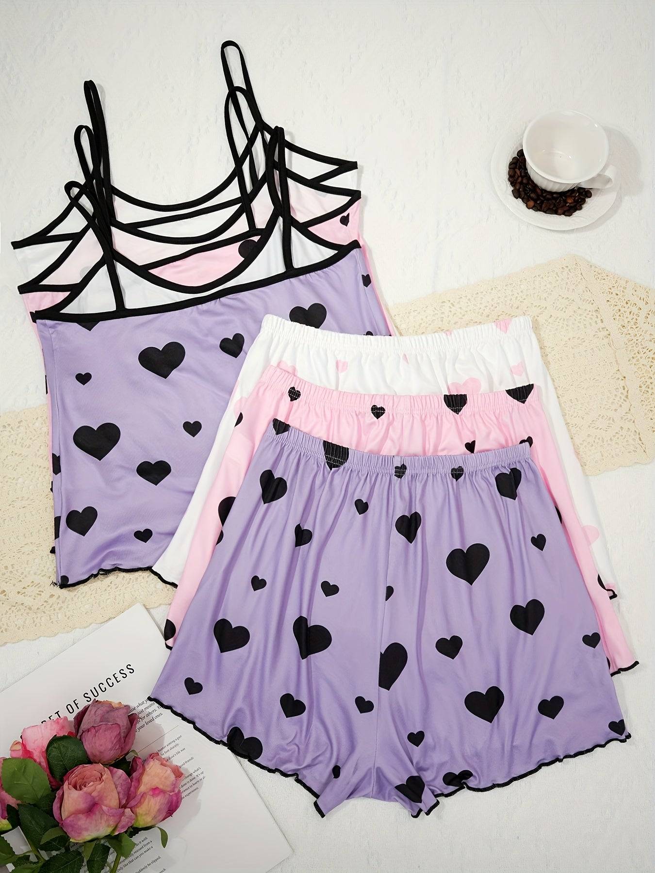 2-Piece Women's Pajama Set – Elegant Spaghetti Strap Top & Shorts in Smooth Polyester, Lightweight Sleepwear for Spring, Summer & Fall
