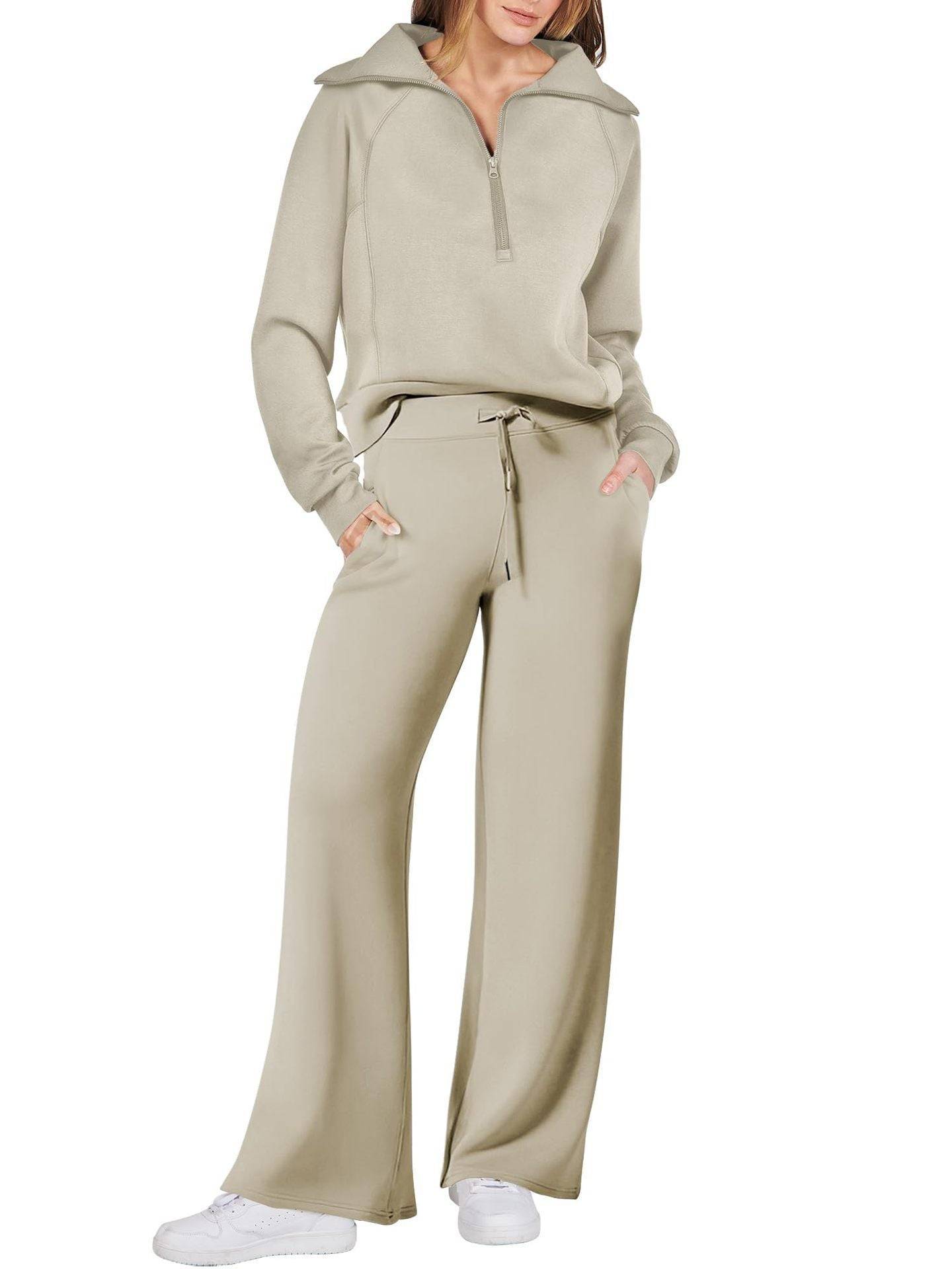 Two Piece Set Zip Sweatshirt Wide Leg Pants Suit