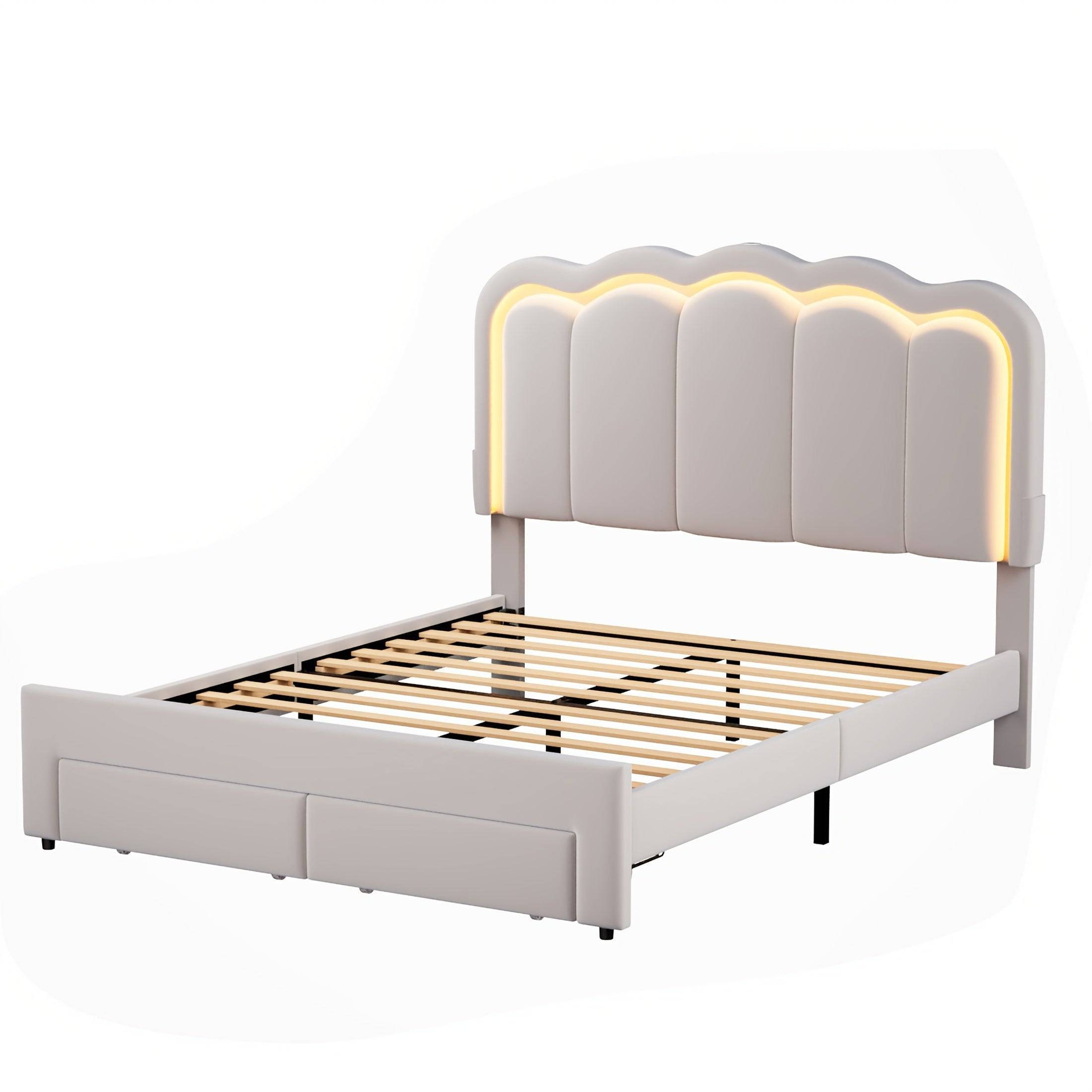 Queen Size Upholstered Platform Bed with Storage Drawers, Adjustable Headboard, Hardwood Frame, Modern Light Gray Design