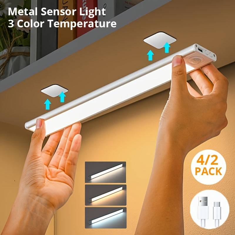 2/4pcs Motion Sensor Cabinet Lights Rechargeable Stick-On Fixtures with 3 Color Modes Magnetic Wireless LED for Closet & Kitchen