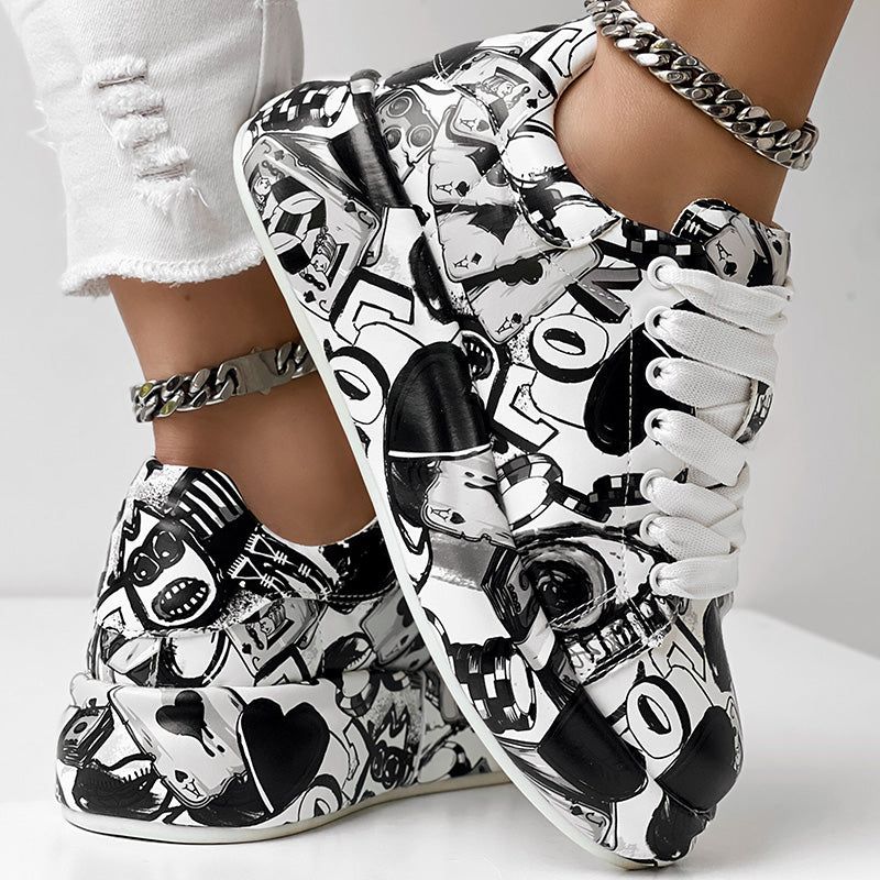 Geometric Print Sneakers With Lace Up Low Top Design