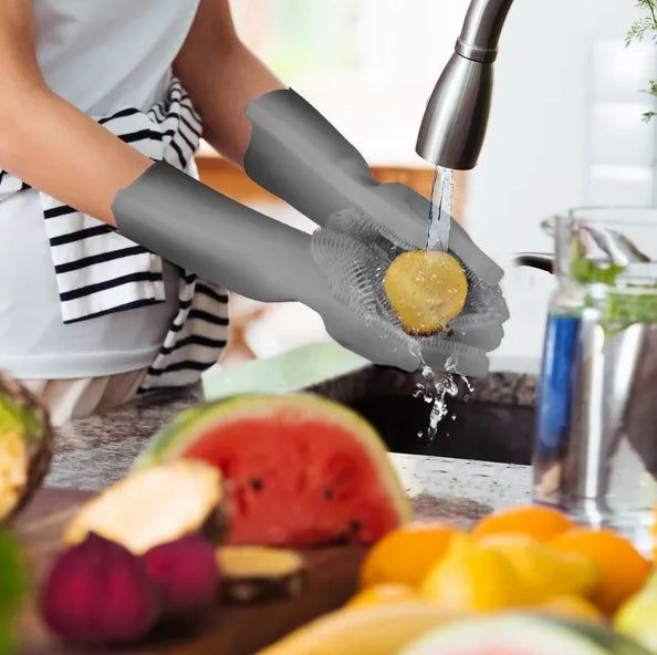 Durable Silicone Cleaning Gloves with Built-In Brush