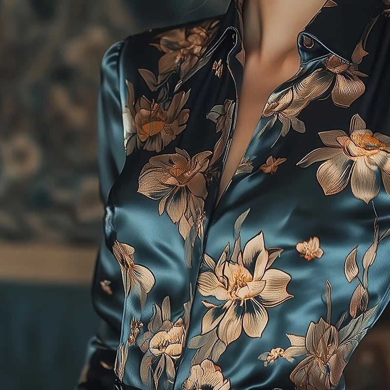 Elegant Satin Shirt with Lapel Collar and Tapered Waist