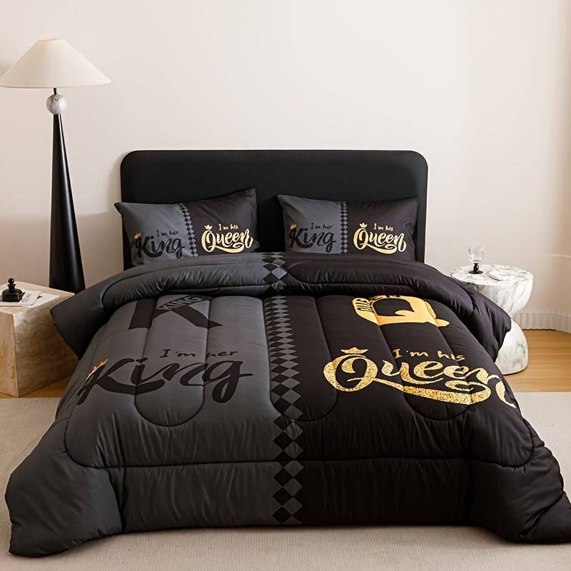 Crown Letter Quilt Set 3-Piece – Black & Grey Color Block Comforter with Pillowcases, 180gsm Padded