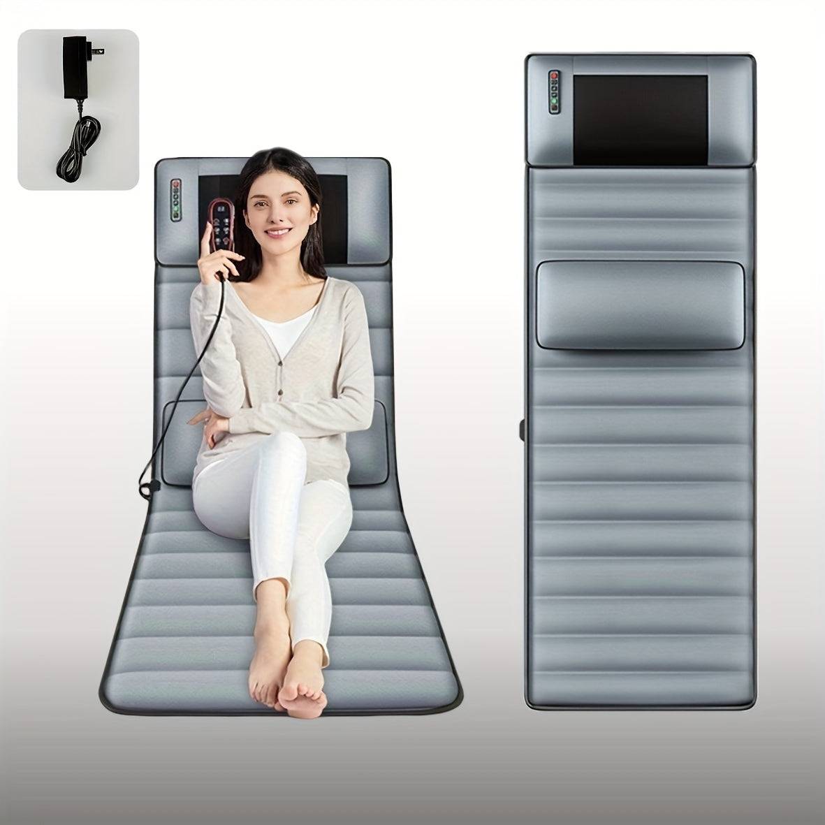 Full Body Massage Mattress – 10-Zone Vibration with Kneading & Heat Therapy, Acupressure Design, 12V Safe Voltage, Gray Velvet