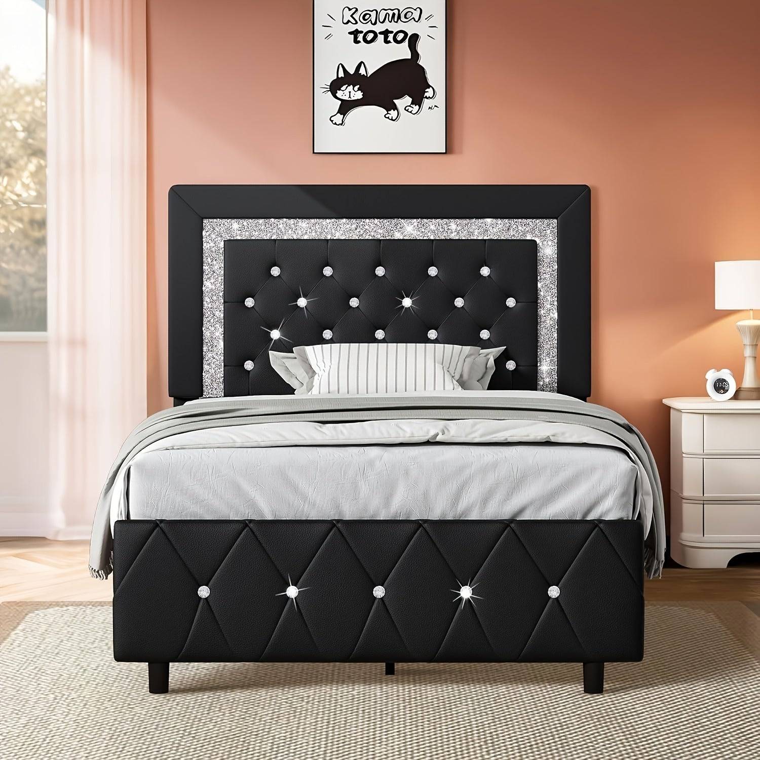 Upholstered Platform Bed Frame with Button Tufted Diamond Headboard, Padded Design, Wooden Slat Support, Easy Assembly