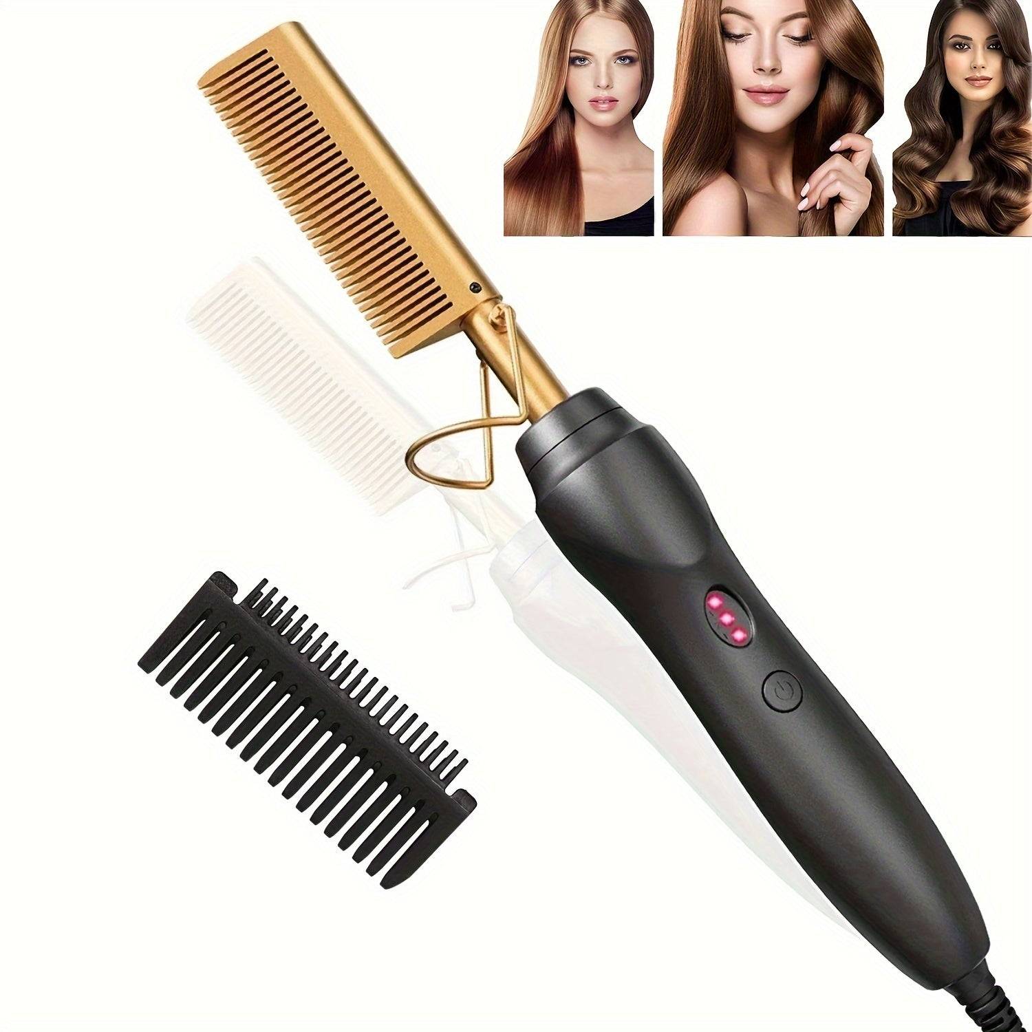 Gold Ceramic Hot Comb Straightener & Curler with detachable anti-scald comb, shown with hair styling results from straight to curly.