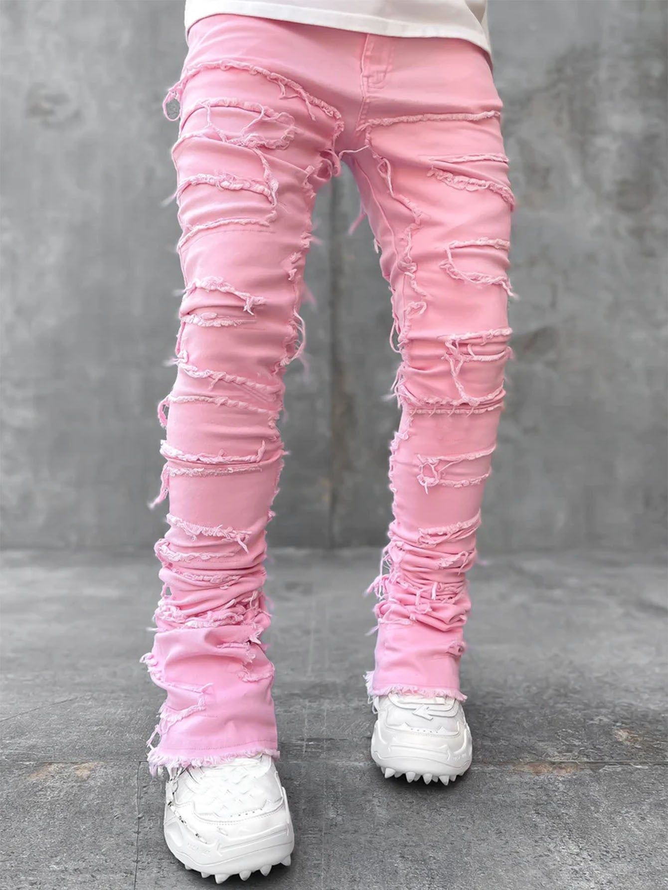 Men’s Stacked Slim Jeans with Patchwork Cotton Denim