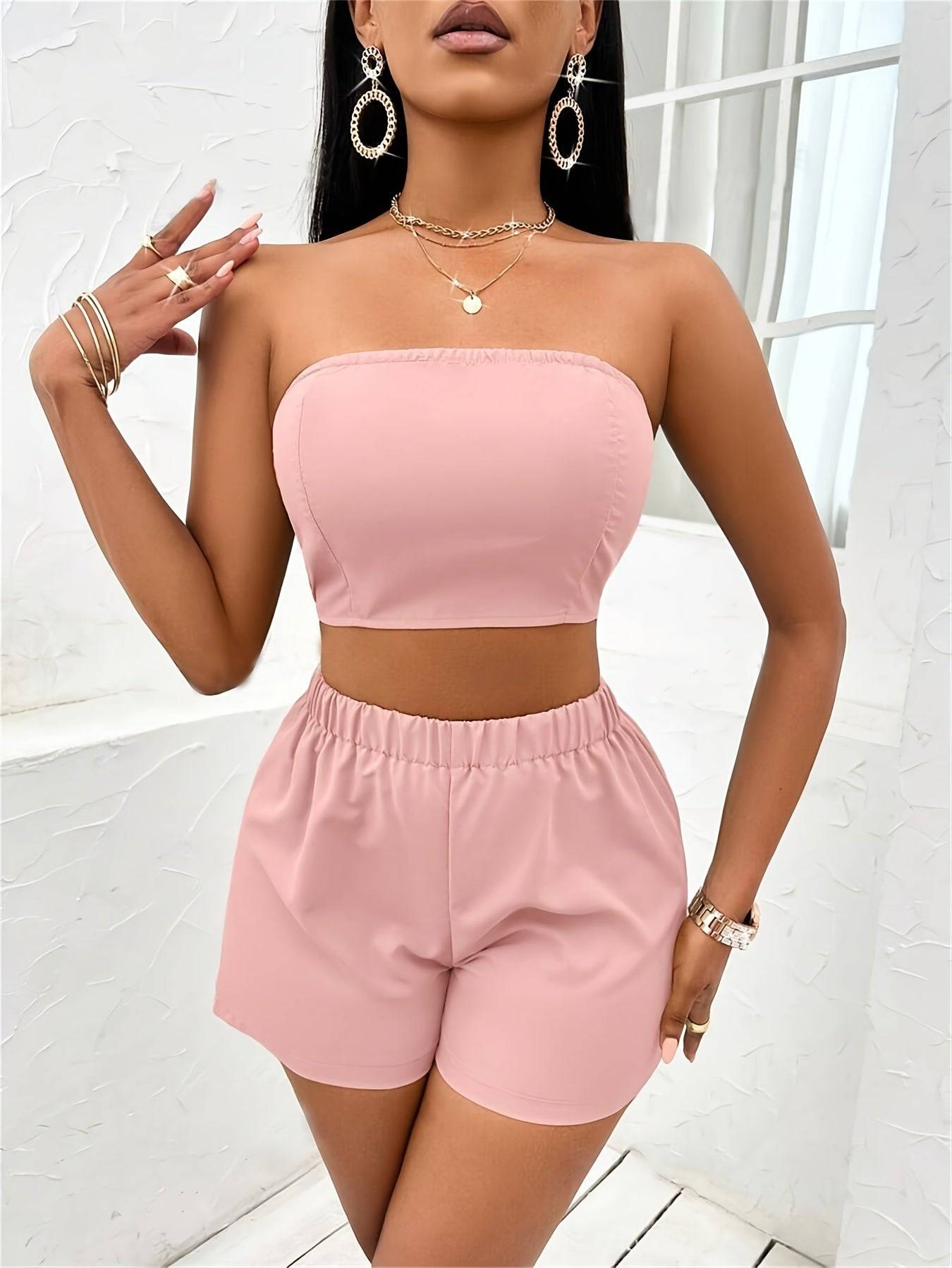 Women’s Three-Piece Set Strapless Top, Shorts & Jacket with Green Fruit Collar Solid Color Casual Wear