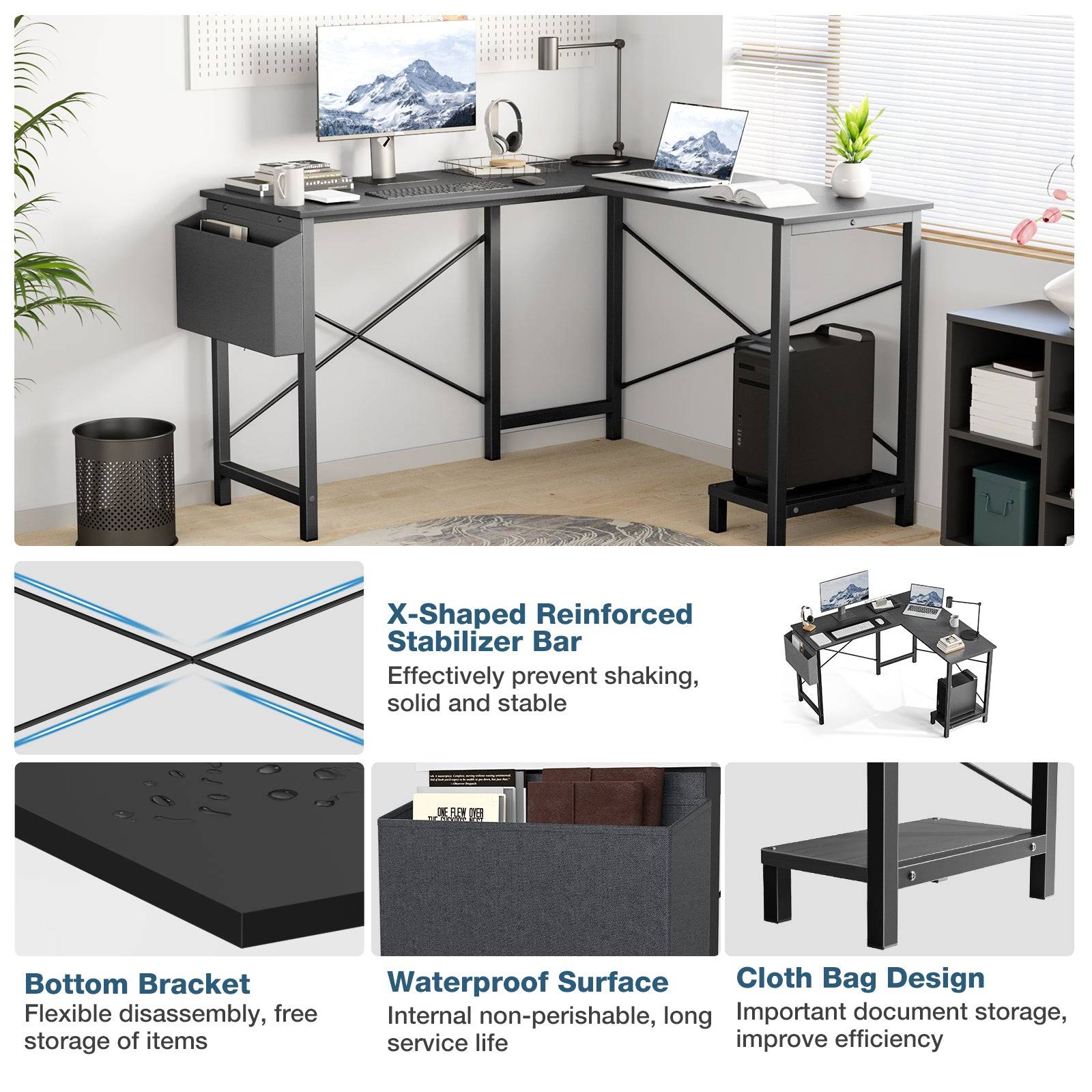 Computer Desk 49 Inch L Shaped MDF Wood Steel Frame Shelf