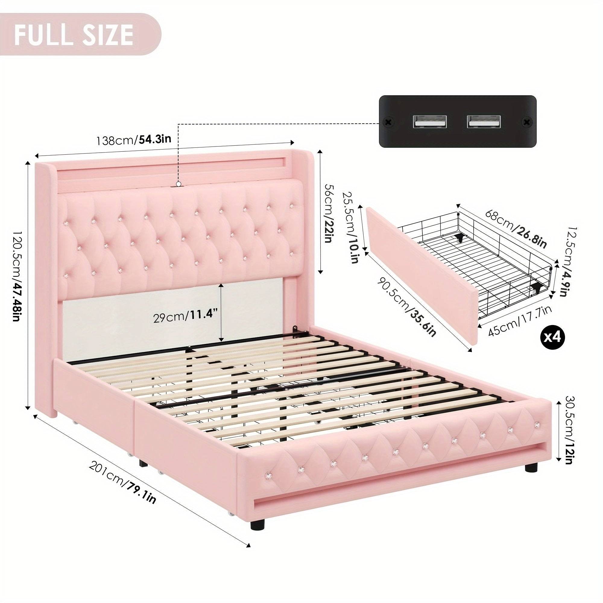 FULTRU Bed Frame with 4 Storage Drawers, LED Velvet Platform with USB Ports and Tufted Wingback Headboard