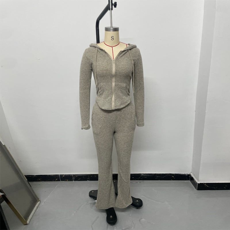 Womens Two Piece Set Hooded Jacket Flare Pants