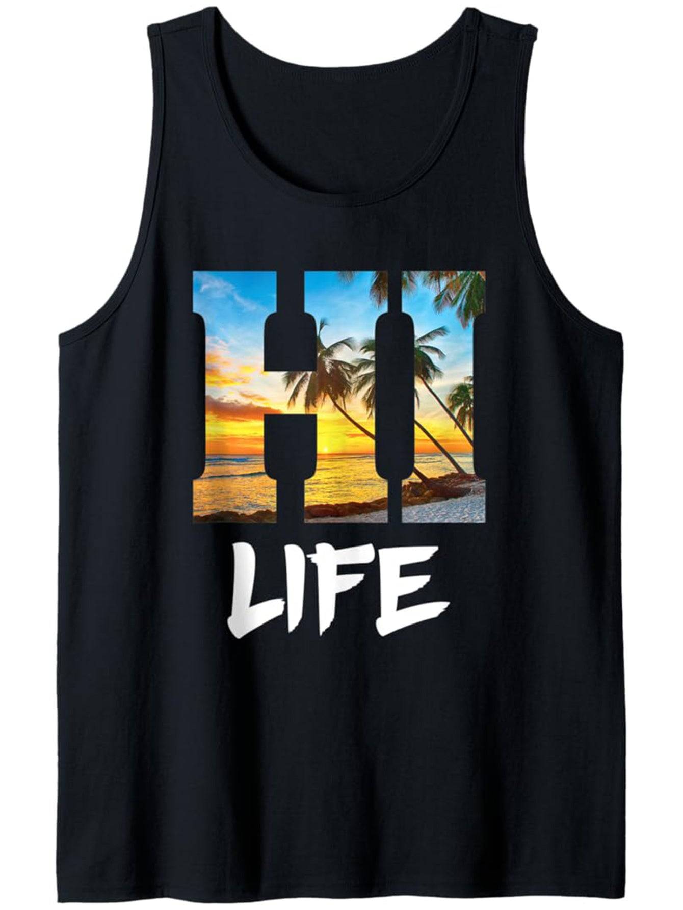 Men’s Sleeveless Tank Top Black Cotton Palm Tree & LIFE Graphic Casual & Sporty Summer Style