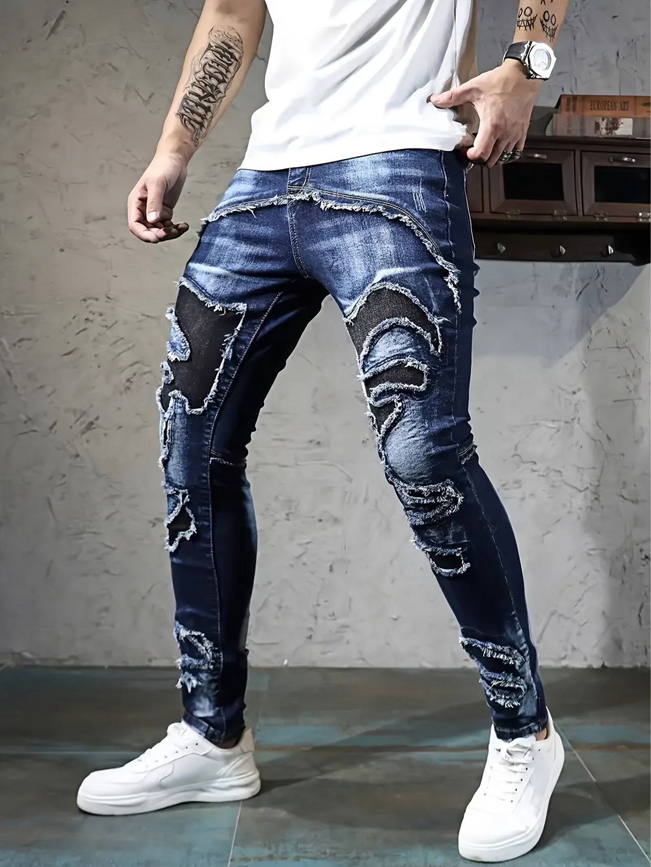 Men’s Slim Fit Jeans Blue Splicing Design Stretch Denim Versatile High Street Style for All-Season Wear