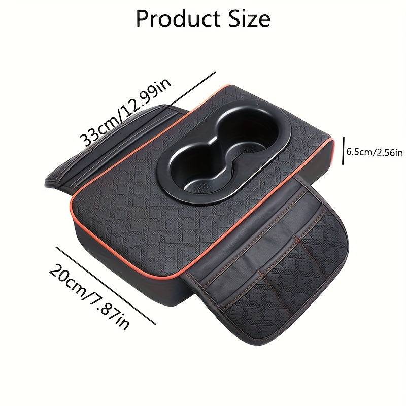 Universal Car Center Console Organizer with 2 Cup Holders and 2 Pockets, Faux PU Leather Armrest Cover with Multifunctional Storage for Phone and Accessories