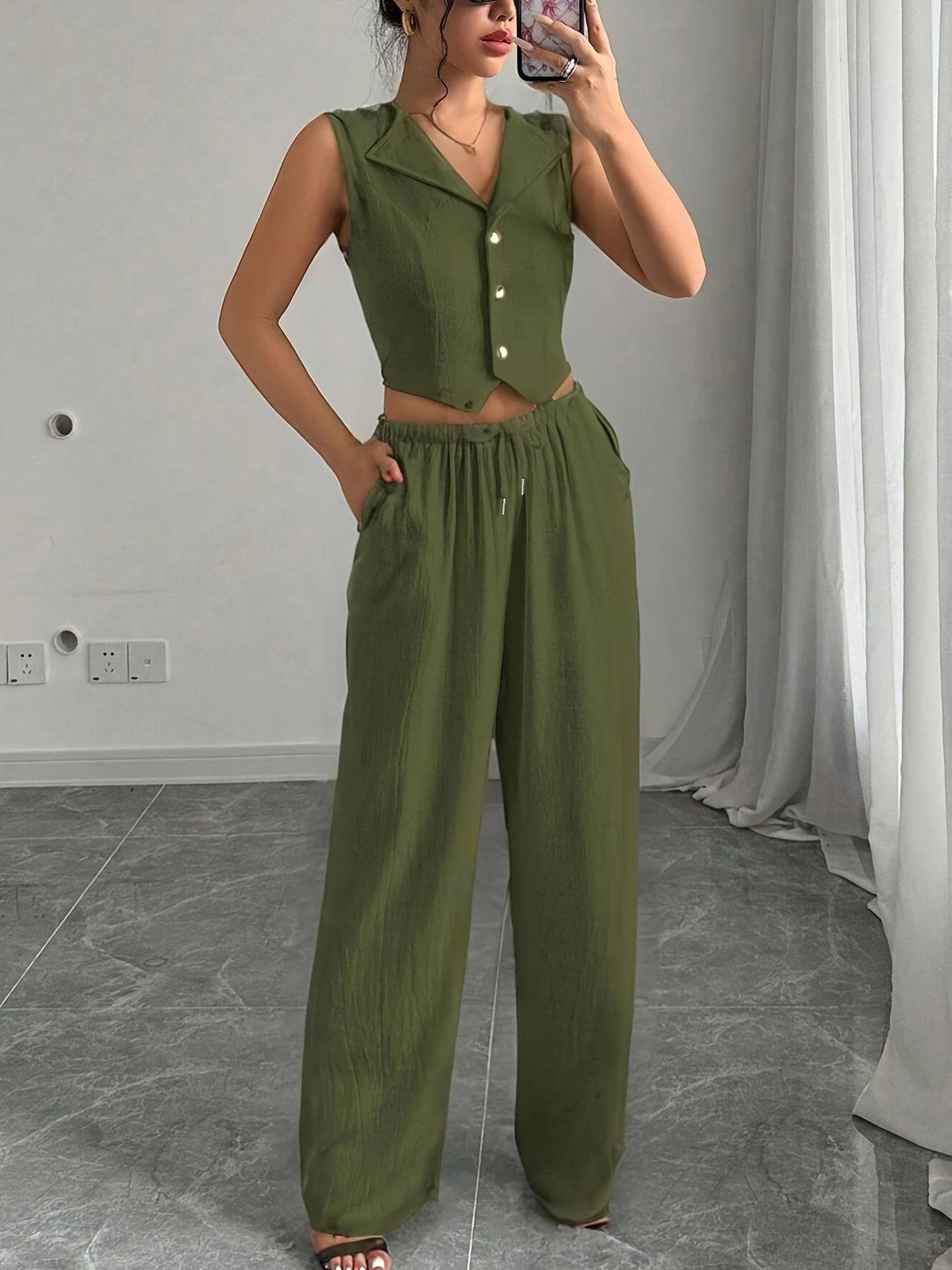 Women’s Two-Piece Set – Sleeveless Blazer Collar Top & Casual Pants for Work, Outings & Holidays