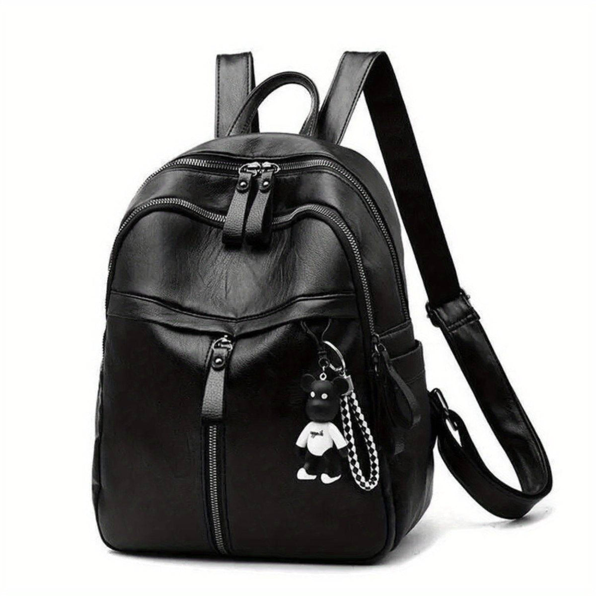 Solid Color Backpack with Double Straps Large Capacity, Zipper Closure & Cute Bear Pendant for Travel, School & Daily Use